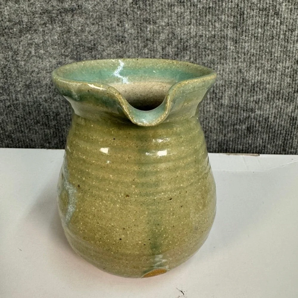 Scargo Pottery Cape Cod Green Glazed Pitcher Artisan Signed Abstract Figure 5.5